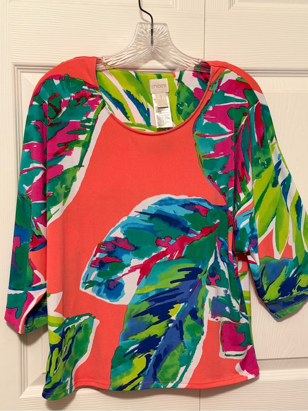 Chico's Coral Orange Tropical Palm Leaf Tropical Print Top ~ 1 M (8-10)~ EUC